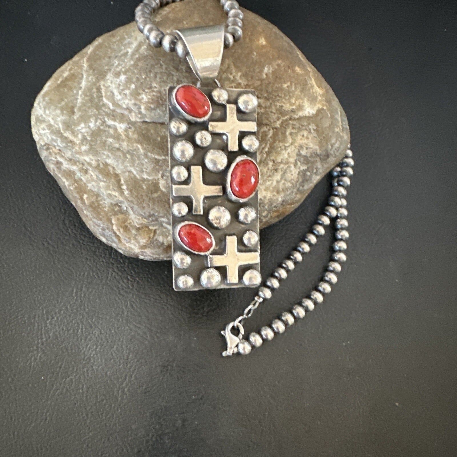Navajo Pearls Red Coral Necklace Pendant 20” Native American 15909