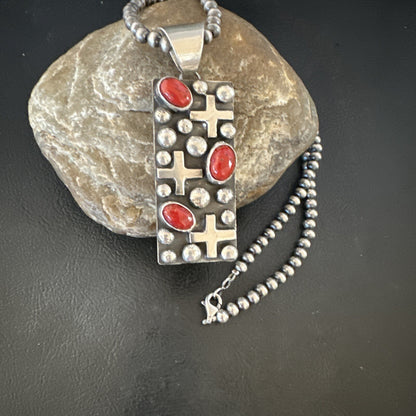 Navajo Pearls Red Coral Necklace Pendant 20” Native American 15909