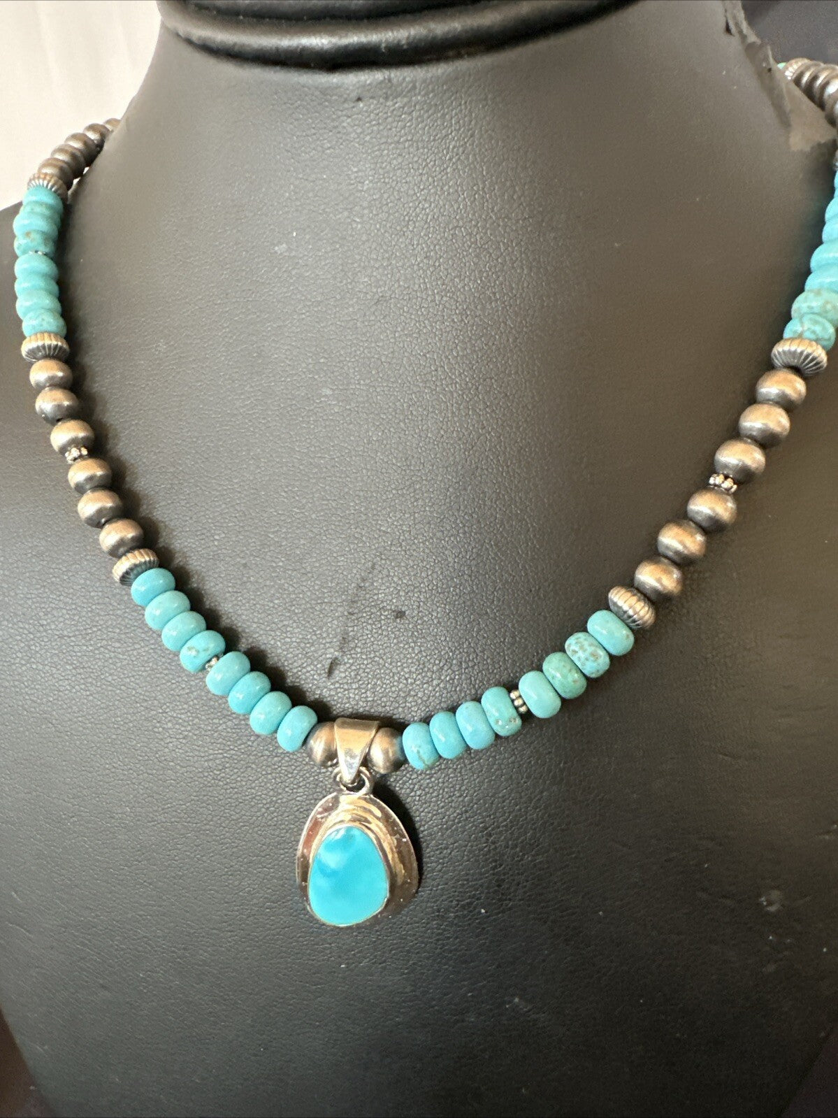 Mens Blue Kingman Turquoise Pendant Navajo Sterling Silver Necklace 21" 18382