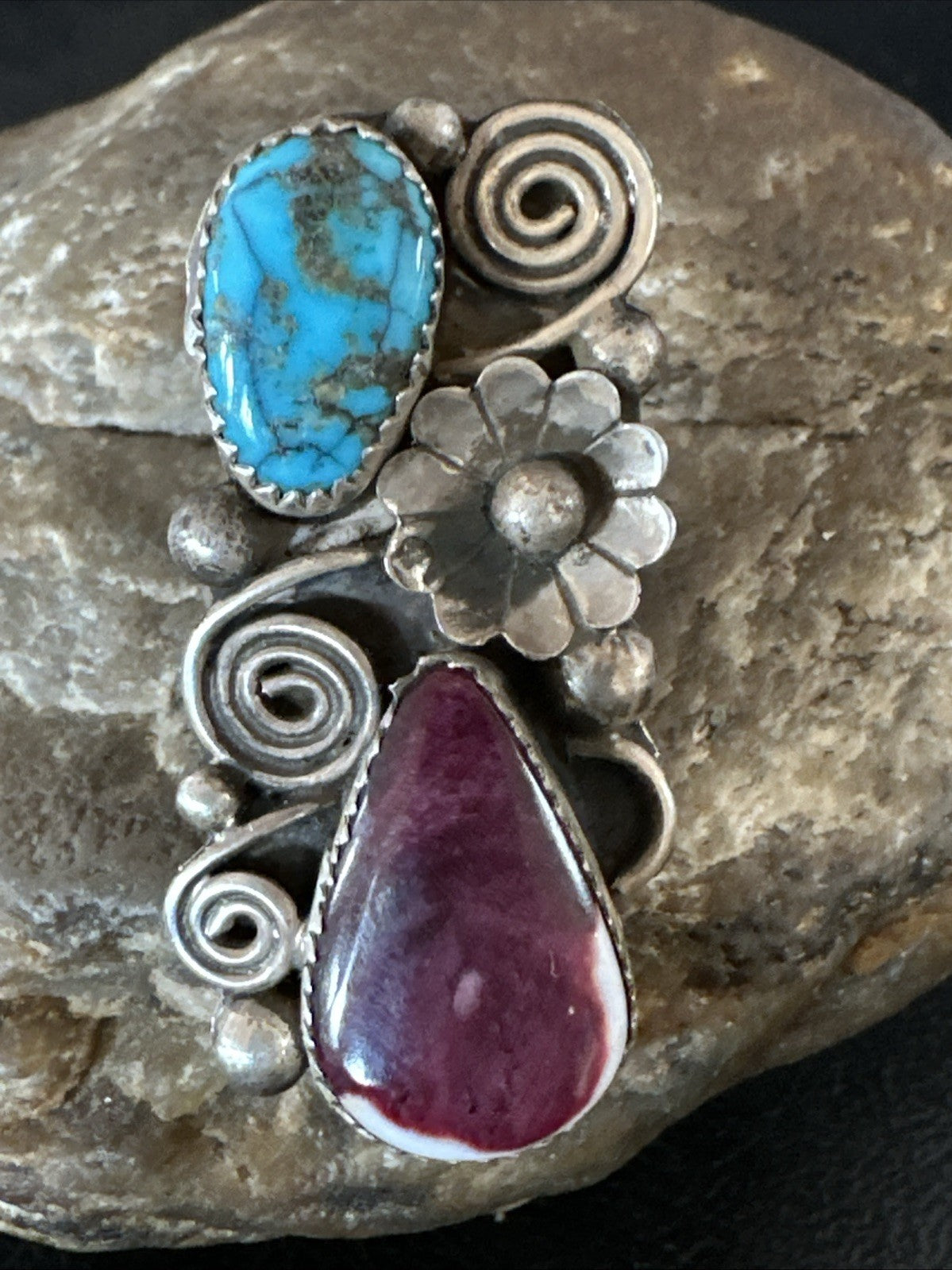 Cluster Kingman Turquoise Purple Spiny Navajo Sterling Silver Ring Sz 5.5 19105