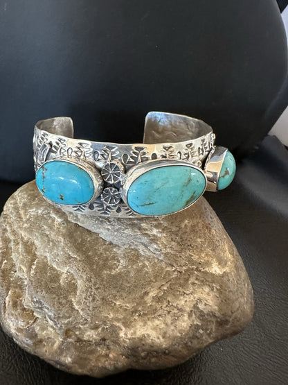 Mens Blue Kingman Turquoise Navajo Sterling Silver Cuff Bracelet 7.5" 19430