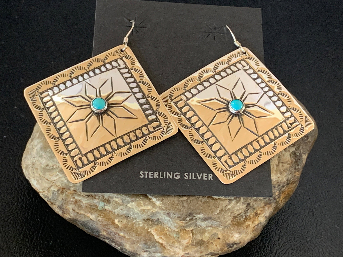 Blue Turquoise Navajo Sterling Silver Earrings 2.25" 12057