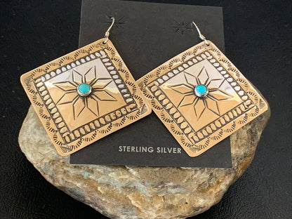 Blue Turquoise Navajo Sterling Silver Earrings 2.25" 12057