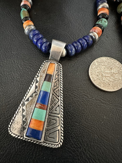 Multicolor Inlay Lapis Pendant Navajo Sterling Silver Necklace 22” 19467