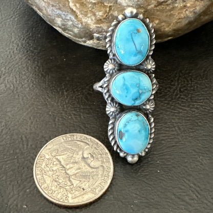 Navajo Sterling Silver Cluster Blue Turquoise 3 Stone Ring Sz 8 18597