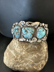 XL Blue Kingman Turquoise Old Pawn 5S Navajo Cuff Bracelet | Sterling Silver | Authentic Native American Handmade | 18144