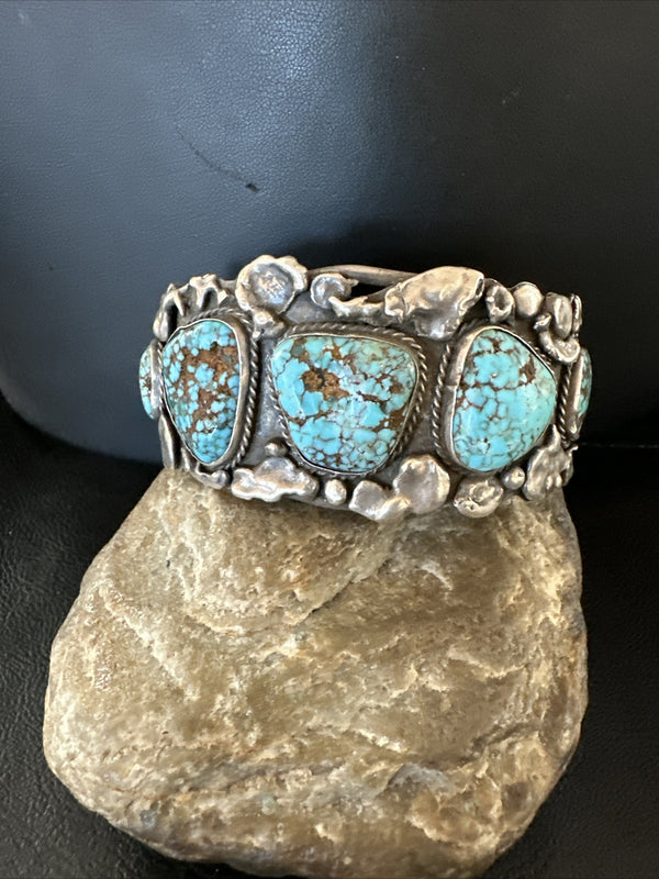 XL Blue Kingman Turquoise Old Pawn 5S Navajo Cuff Bracelet | Sterling Silver | Authentic Native American Handmade | 18144