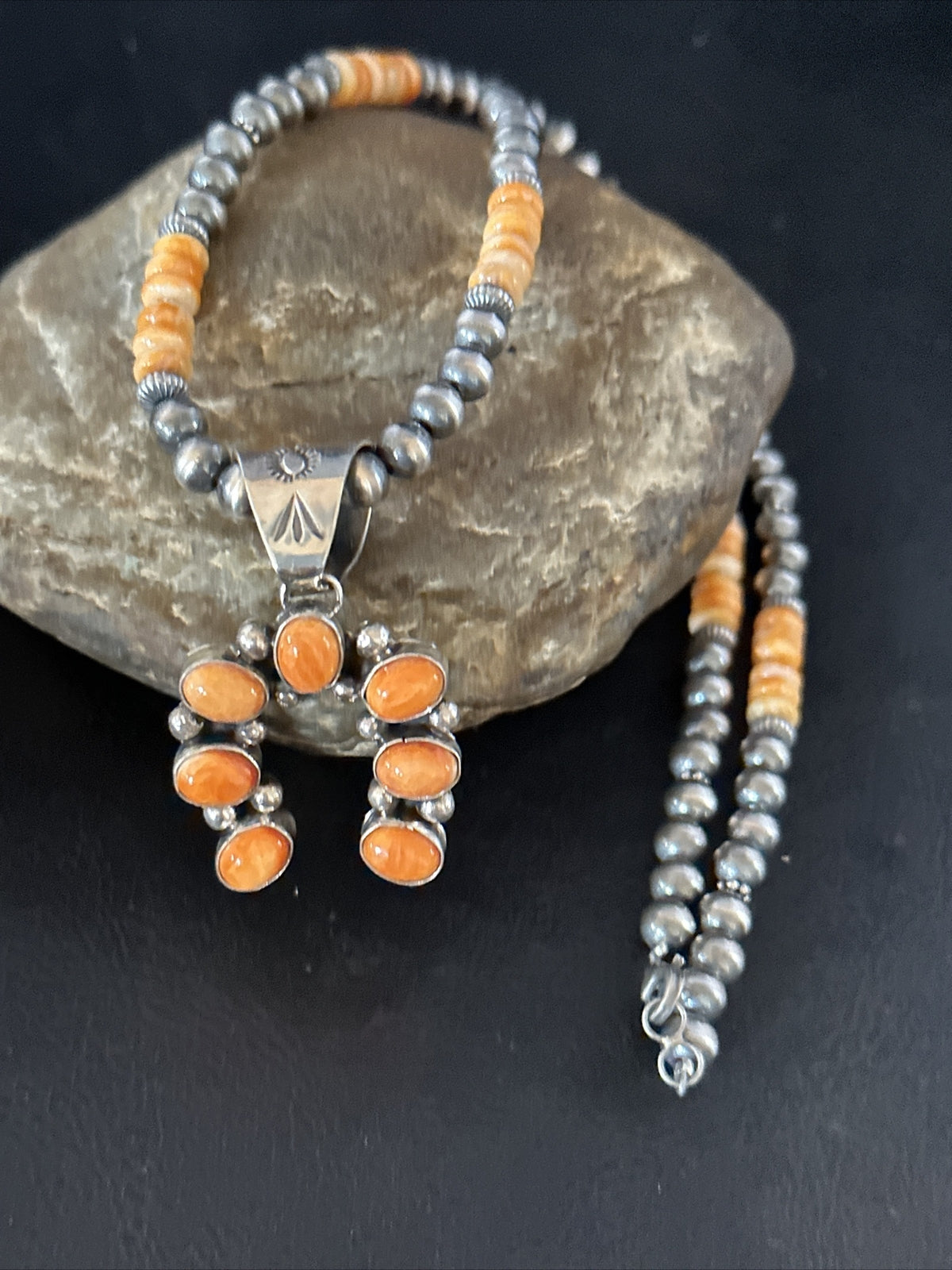 Orange Spiny Oyster Naja Pendant Navajo Pearls Sterling Silver Necklace 11346