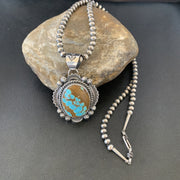Men's Blue Turquoise #8 Pendant Navajo Pearls Necklace | Sterling Silver | Authentic Native American Handmade | 10866
