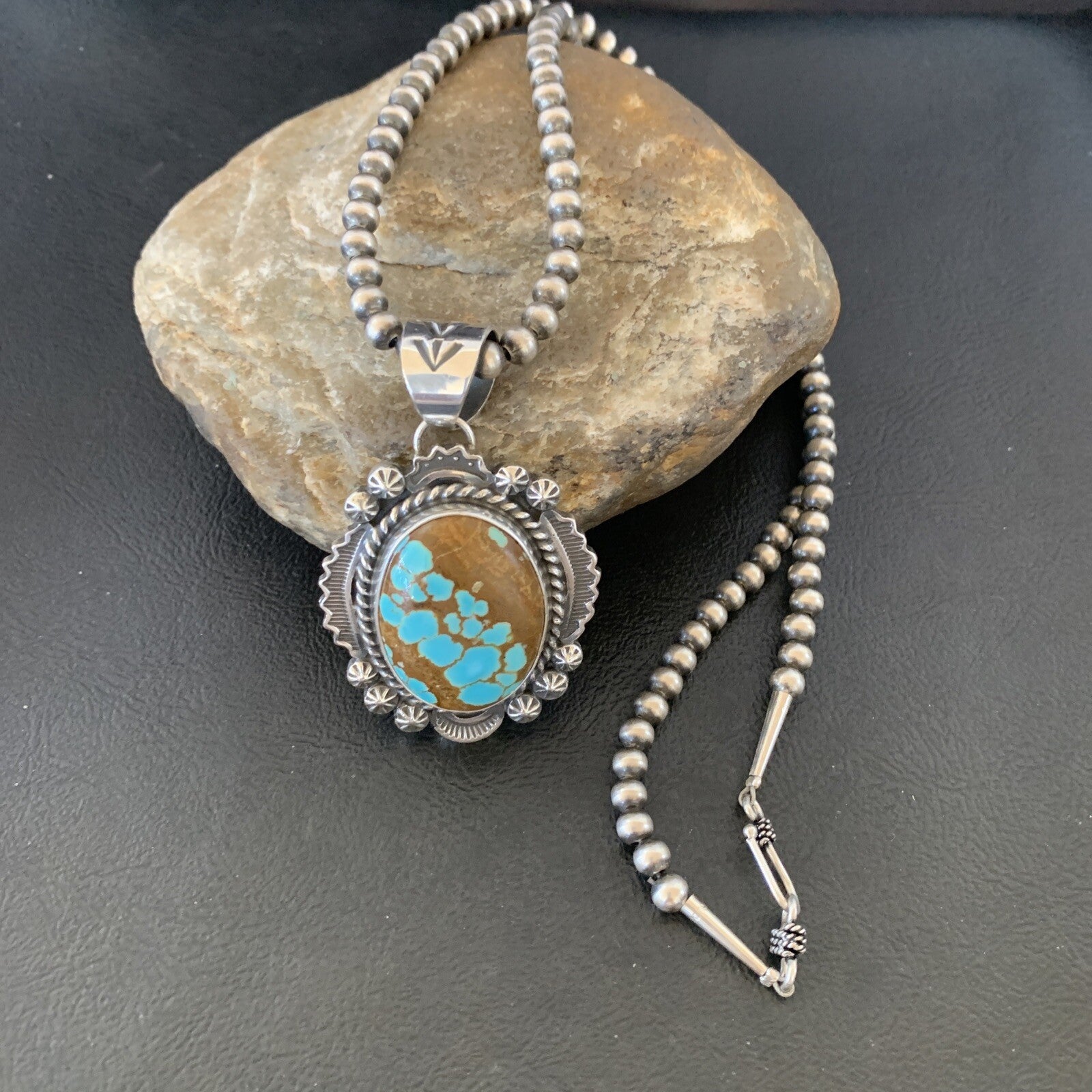 Mens Blue Turquoise #8 Pendant Navajo Pearls Sterling Silver Necklace 10866