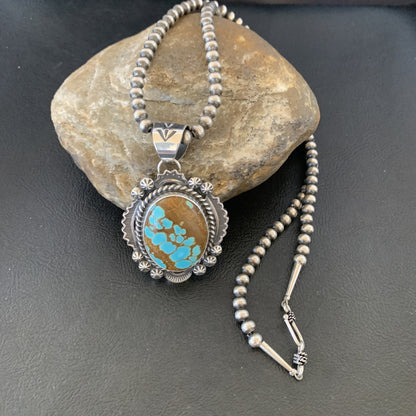 Mens Blue Turquoise #8 Pendant Navajo Pearls Sterling Silver Necklace 10866