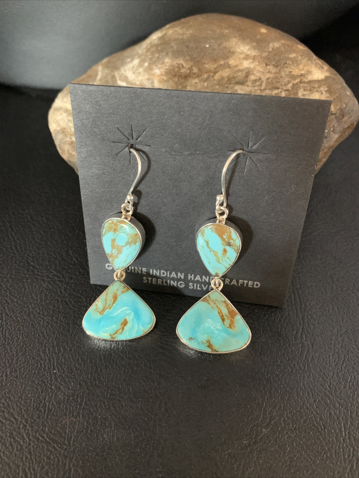 Blue Kingman Turquoise Navajo Sterling Silver Dangle Earrings 1.5" 14077