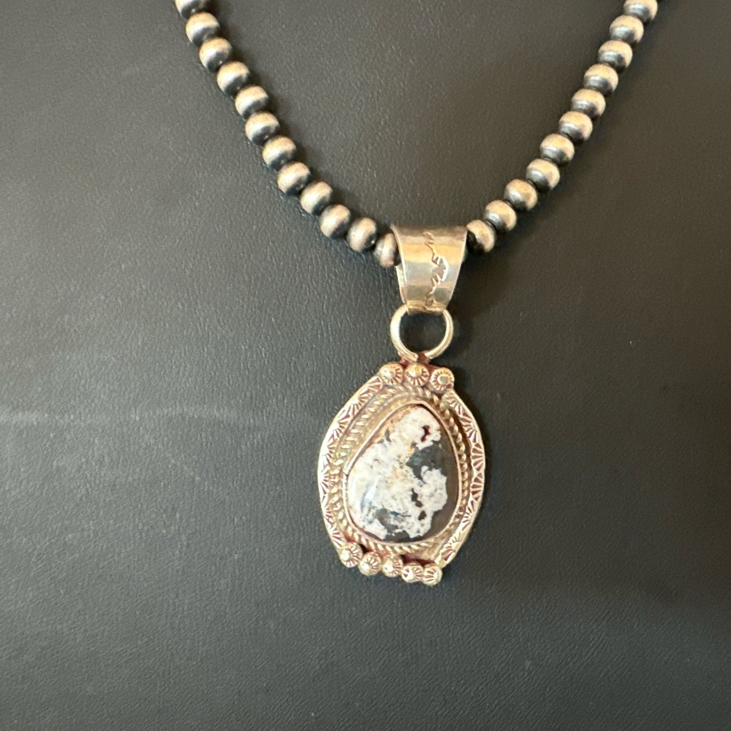 White Buffalo Turquoise Pendant Navajo Pearls Sterling Silver Necklace 20” 19495