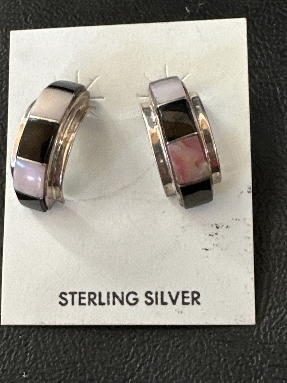 Pink Queen Conch Black Onyx Sterling Silver Post  Inlay Hoop Earrings 19819