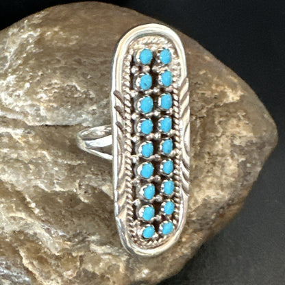 Blue Turquoise Zuni Sterling Silver Petite Point Cluster Ring Size 8.5 18792