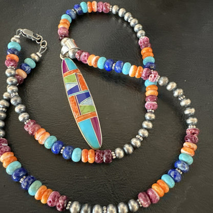 Multicolor Turquoise Spiny Navajo Sterling Silver Inlay Pendant Necklace 19643