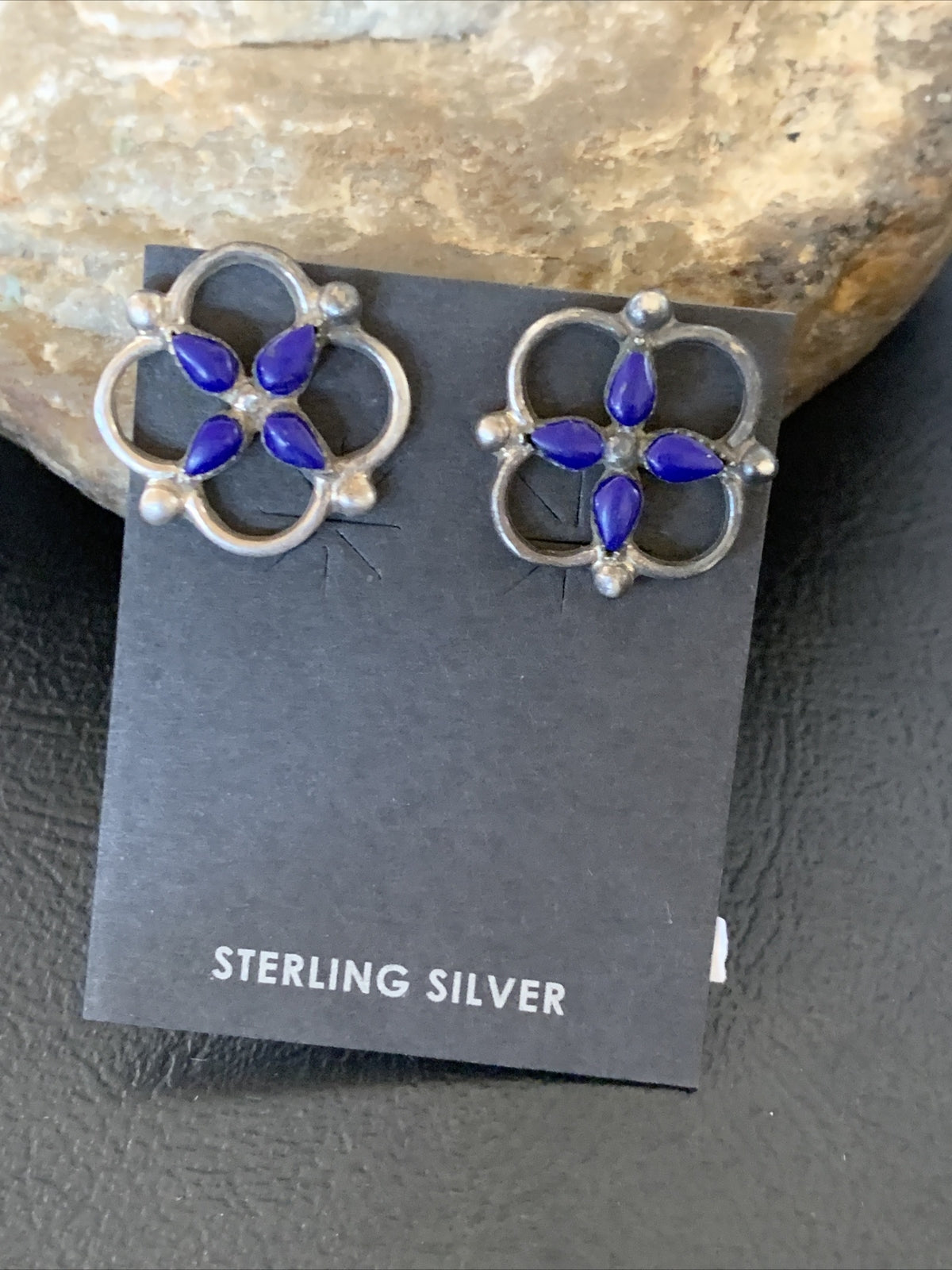 Blue Lapis Sterling Silver Multi-Stone Post Stud Inlay Earrings 0.5" 12707