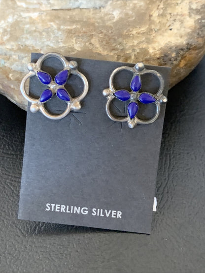 Blue Lapis Sterling Silver Multi-Stone Post Stud Inlay Earrings 0.5" 12707