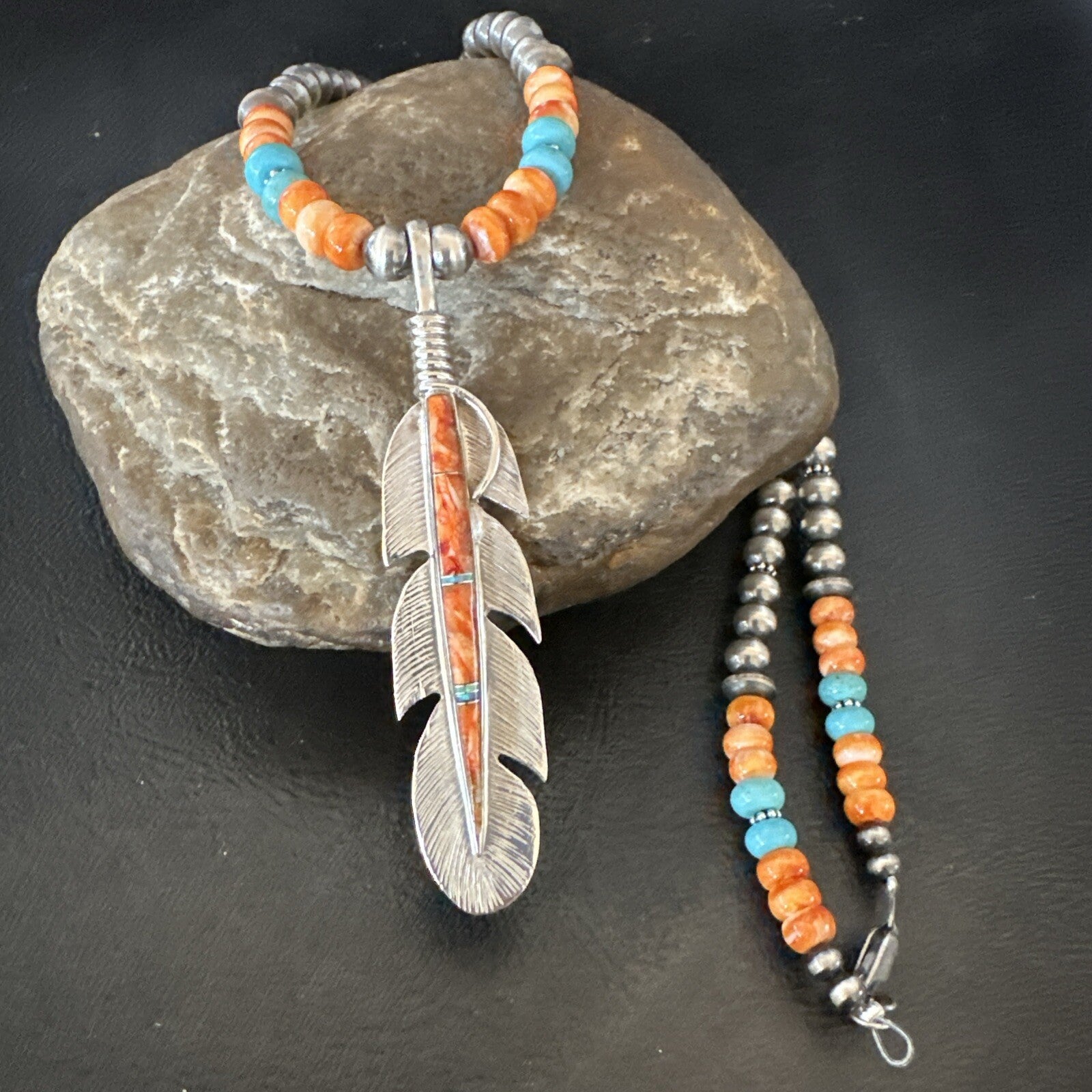Feather Orange Spiny Opal Pendant Sterling Silver Turquoise Necklace 21” 18672