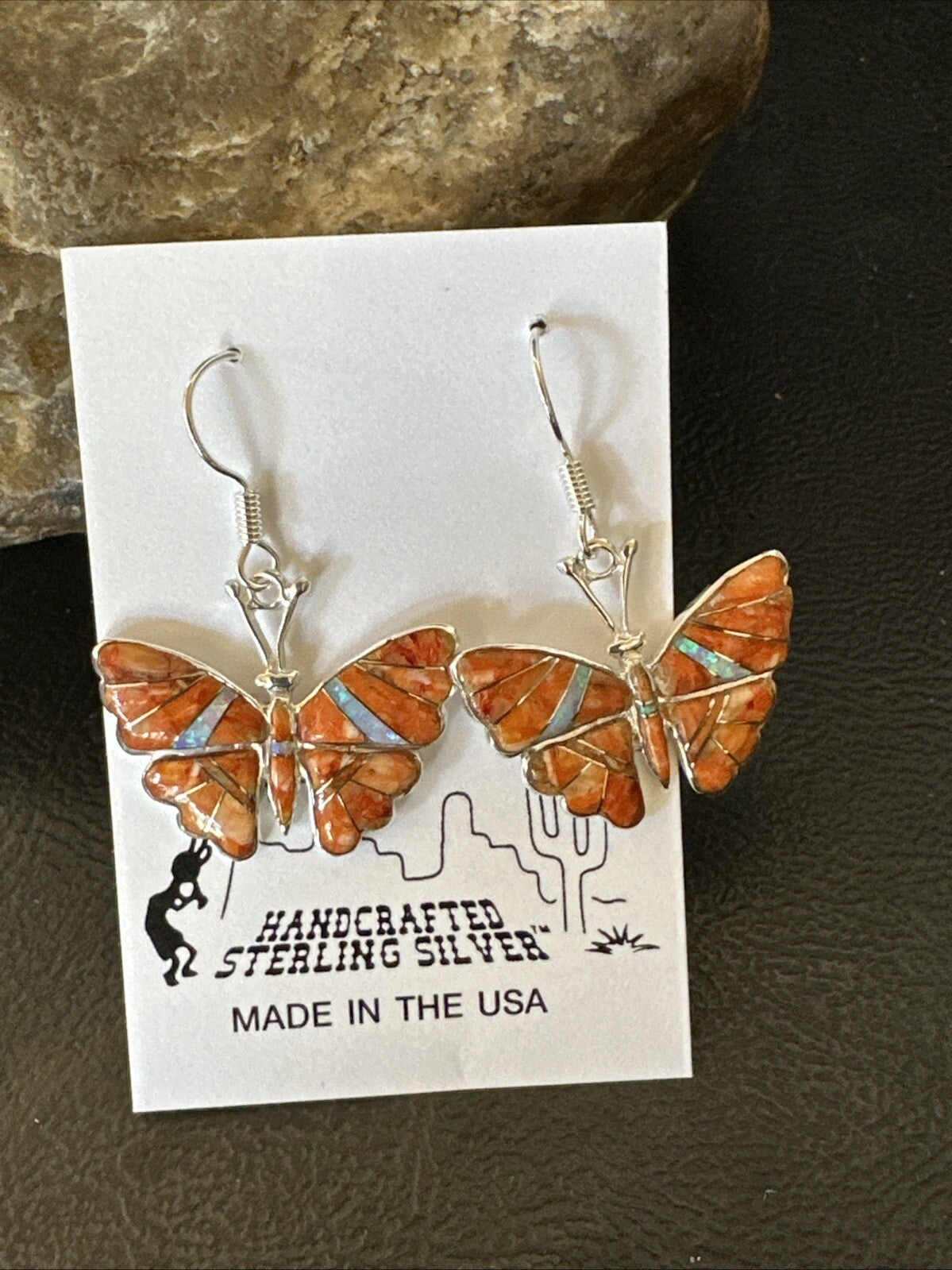 Butterfly Orange Spiny Oyster Opal Inlay Sterling Silver Dangle Earrings 18555