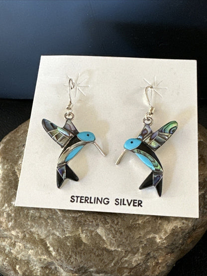 Blue Turquoise Pava Shell Sterling Silver Hummingbird Dangle Earrings 19814