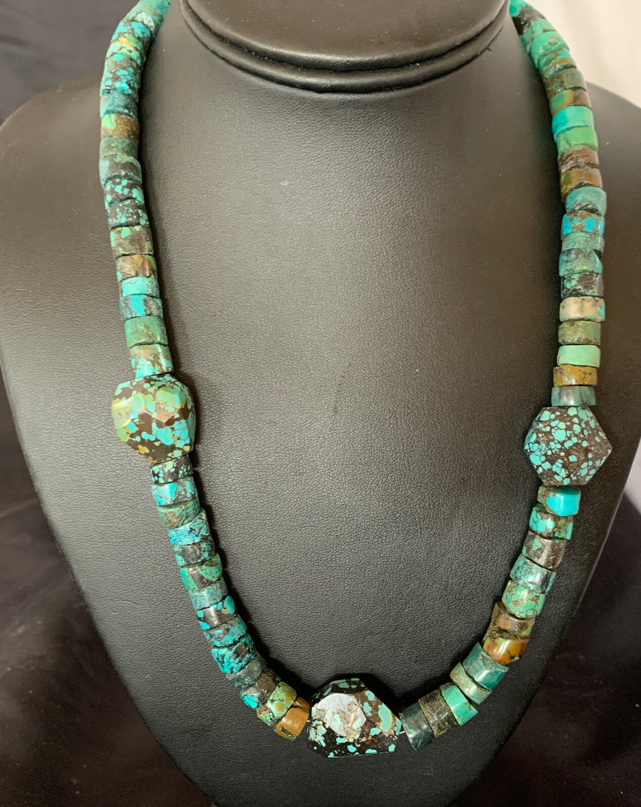 Men Chunky Spiderweb Turquoise Heishi Navajo Sterling Silver Necklace 21” 124505