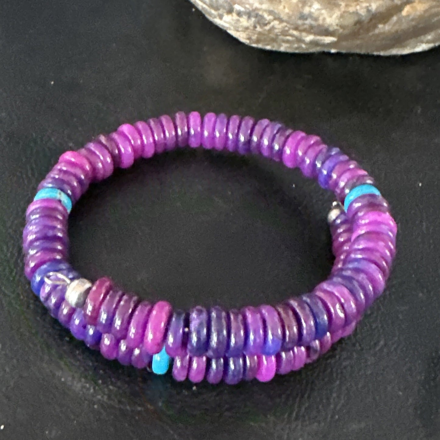 Purple Stone Turquoise 8mm Wire Bead Bracelet Navajo Sterling Silver 15241N