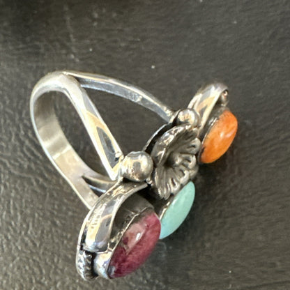 Multicolor Ring Turquoise Spiny Navajo Sterling Silver Cluster Size 8.5 19166