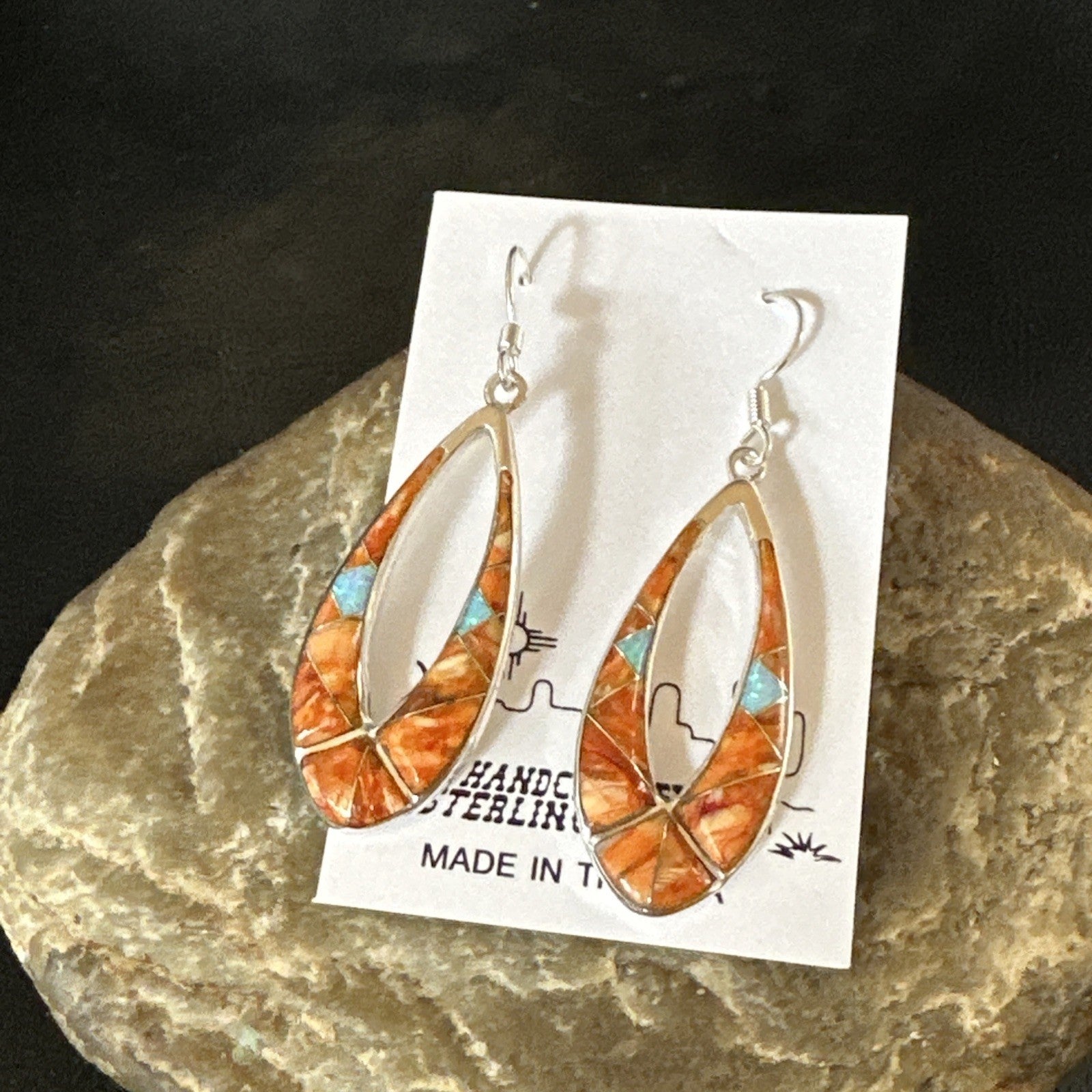 Women Opal Spiny Oyster Inlay Southwestern Sterling Silver Dangle Earrings 19136