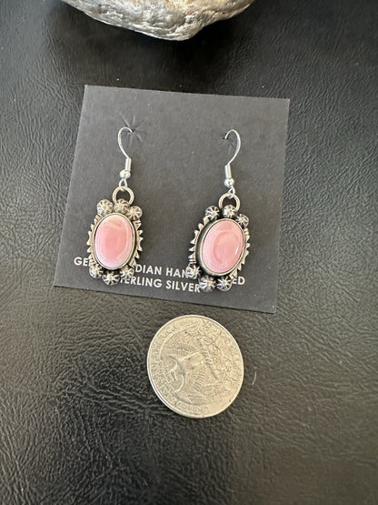 Handmade Pink Queen Conch Sterling Silver Navajo Dangle Earrings Yazzie 19535