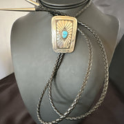 Men's Blue Kingman Turquoise Stamped Navajo Bolo Tie 2" | Sterling Silver | Authentic Native American Handmade | 19302