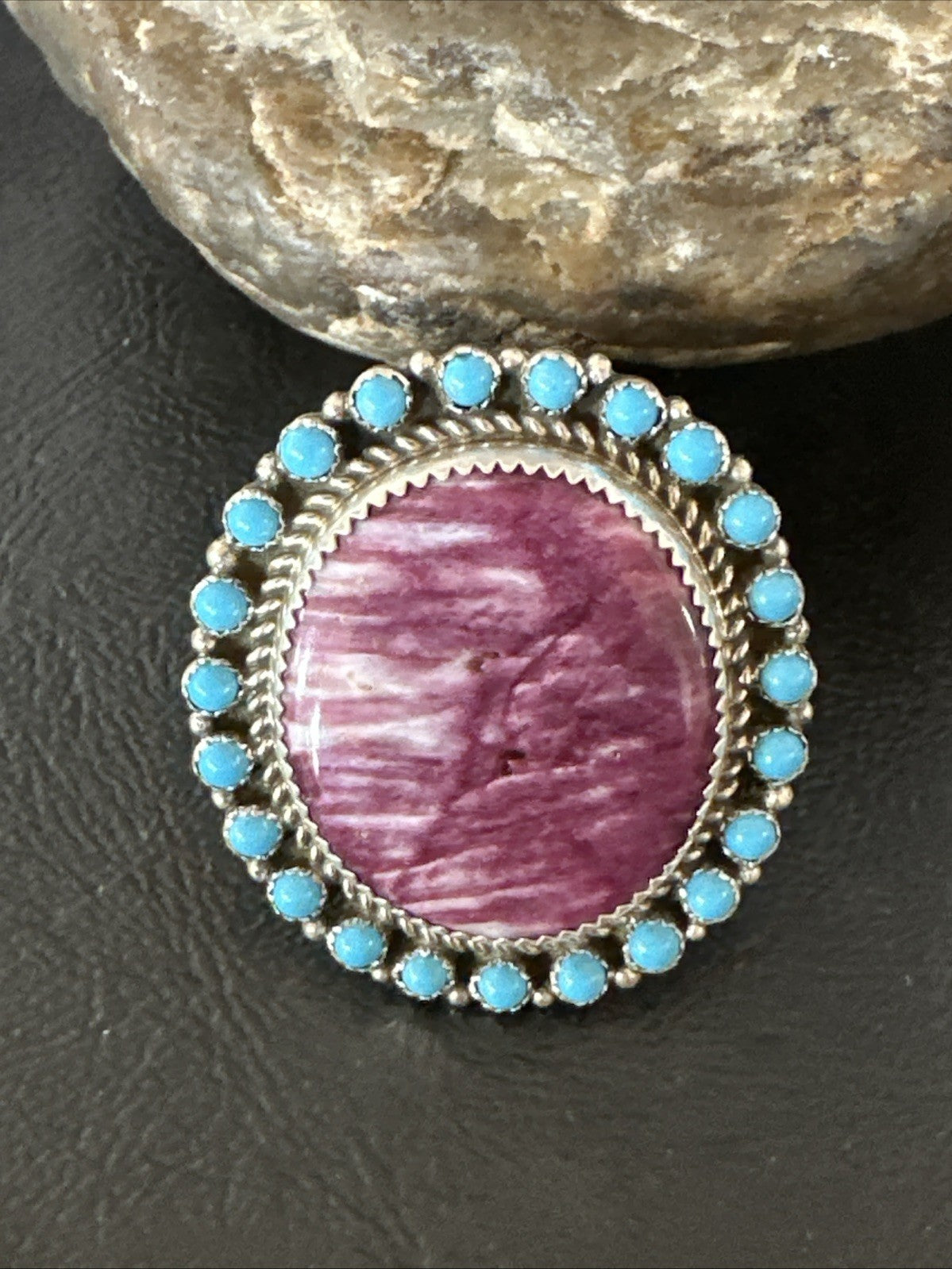 Cluster Kingman Turquoise Purple Spiny Navajo Sterling Silver Ring Sz 10 19104