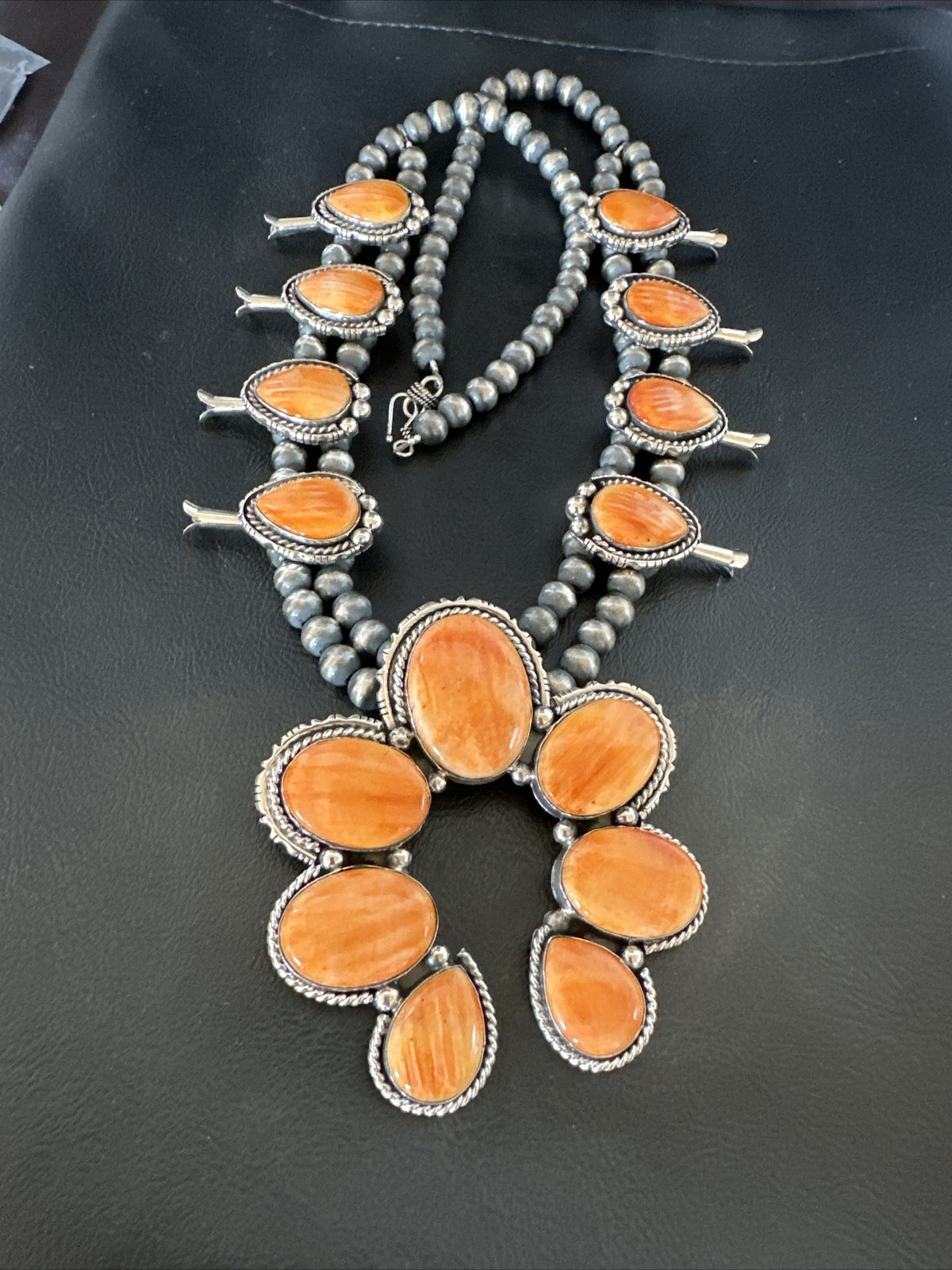 XL Orange Spiny Oyster Sterling Silver Squash Blossom Necklace 18134