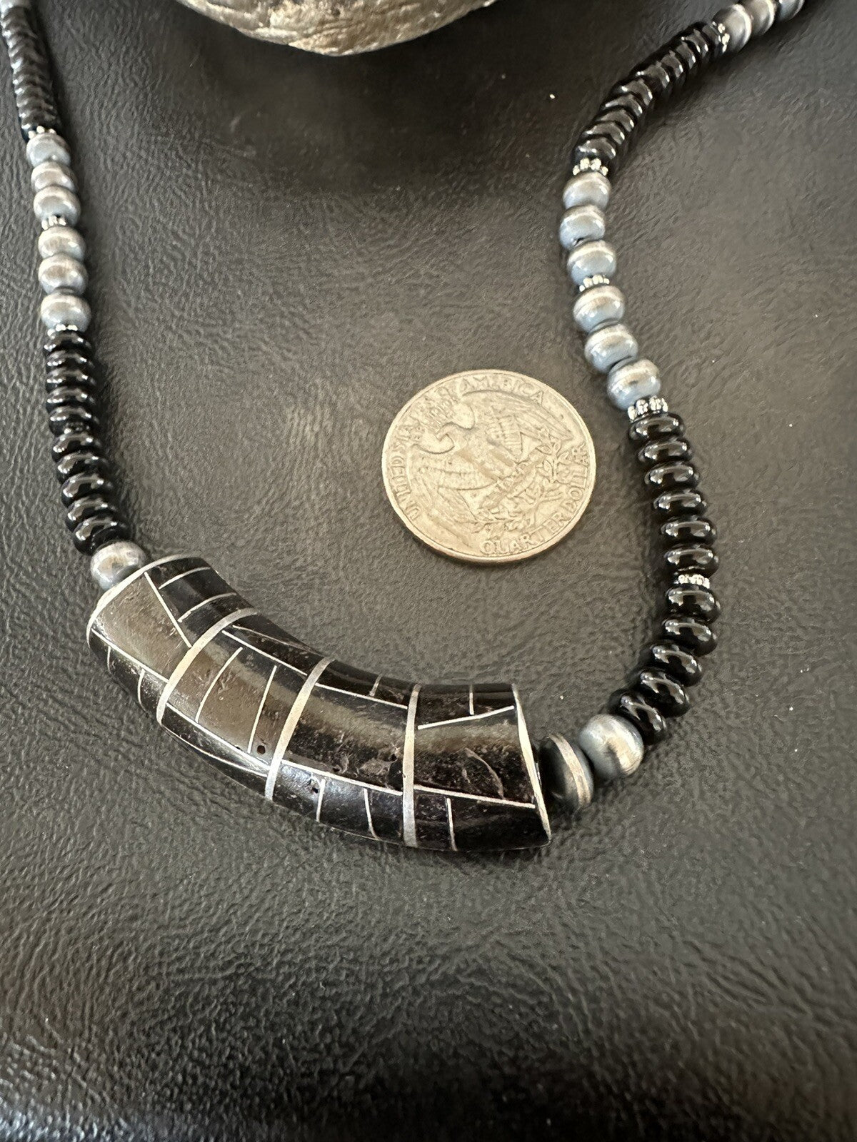 Mens Womens Black Onyx Pendant Navajo Sterling Silver Beads Necklace 18330