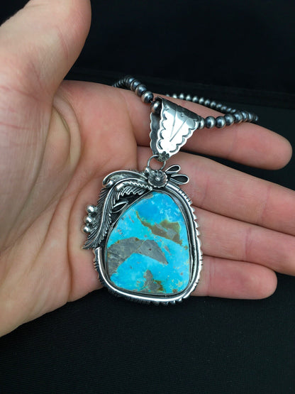 Kingman Turquoise Pendant Navajo Pearls Sterling Silver Necklace 04819
