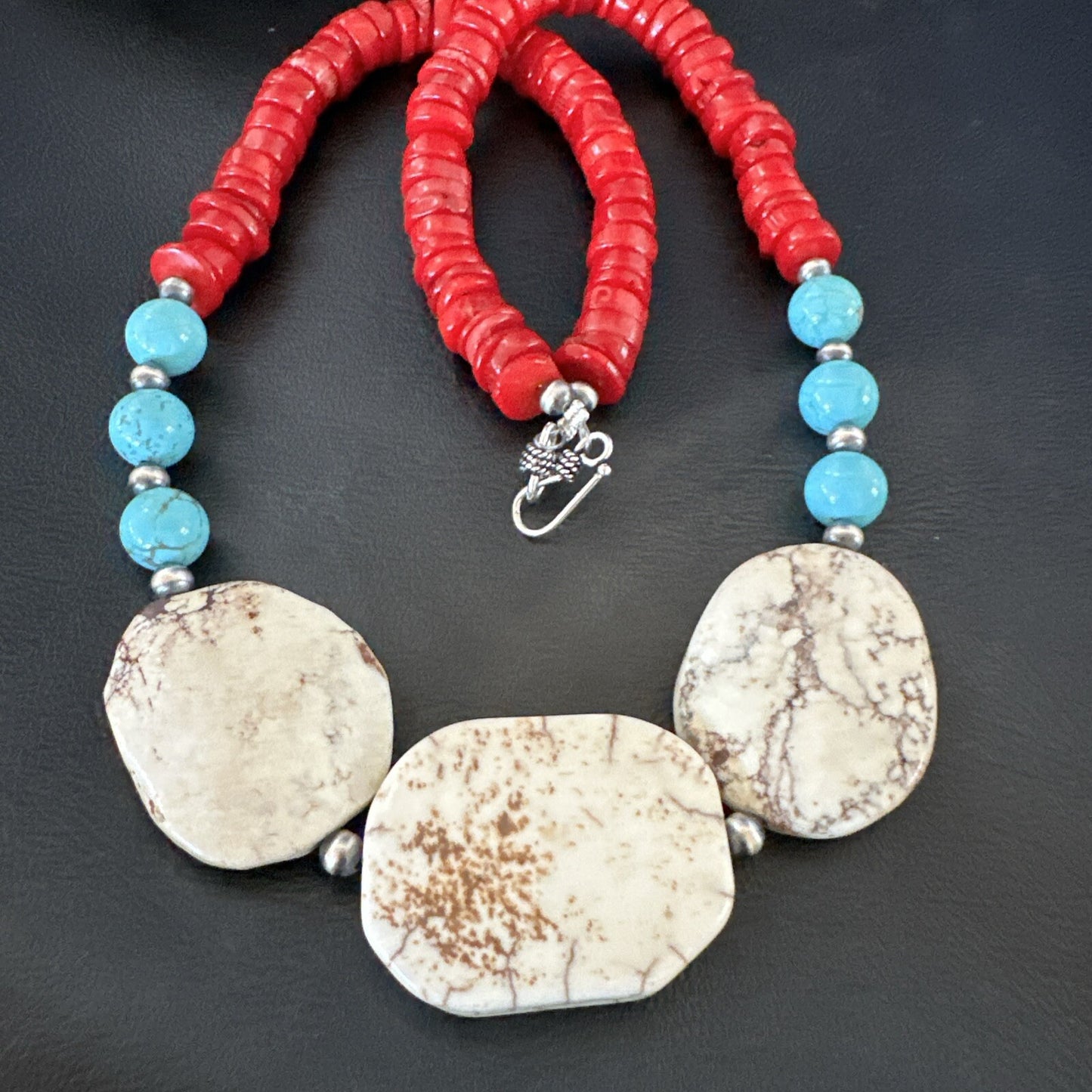 Mens Wild Horse Blue Turquoise Red Coral Navajo Sterling Silver Necklace 17981
