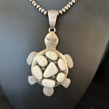 CLUSTER Turtle Navajo White Buffalo Turquoise Sterling Silver Pendant 14528
