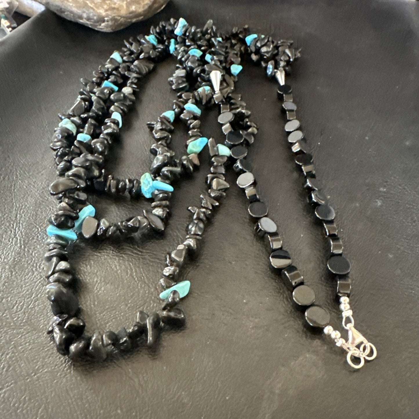 Sterling NAVAJO Black Onyx Blue Turquoise 3S Silver Necklace 30” 19577