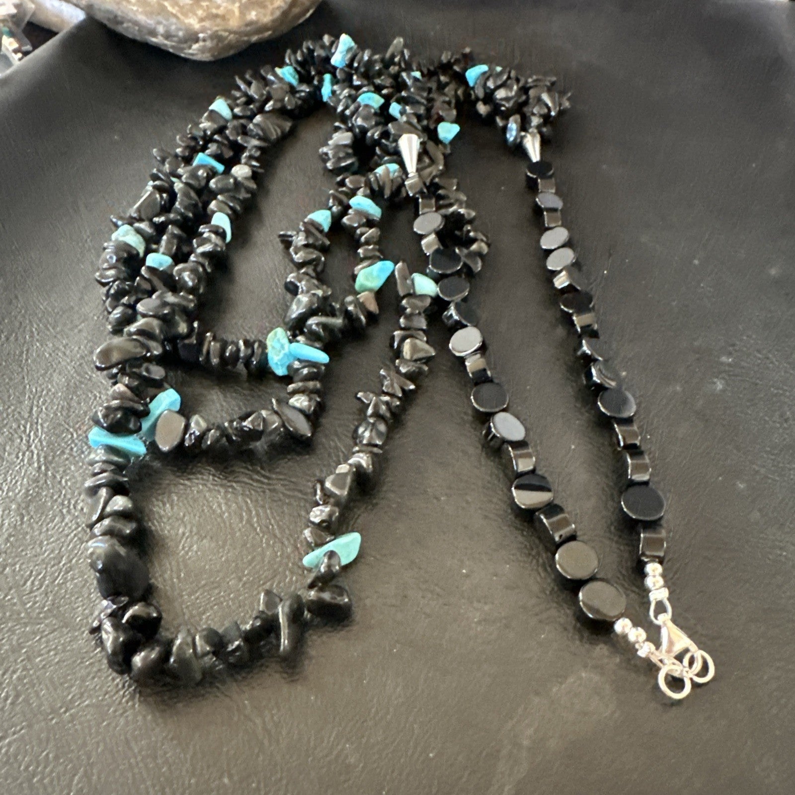 Sterling NAVAJO Black Onyx Blue Turquoise 3S Silver Necklace 30” 19577