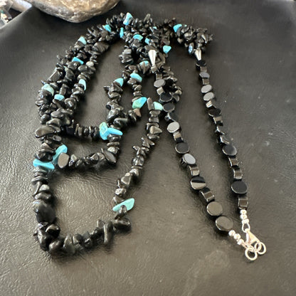Sterling NAVAJO Black Onyx Blue Turquoise 3S Silver Necklace 30” 19577