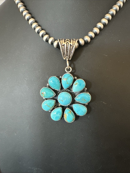 Blue Turquoise Navajo Sterling Silver Cluster Round Pendant Necklace 2”19303