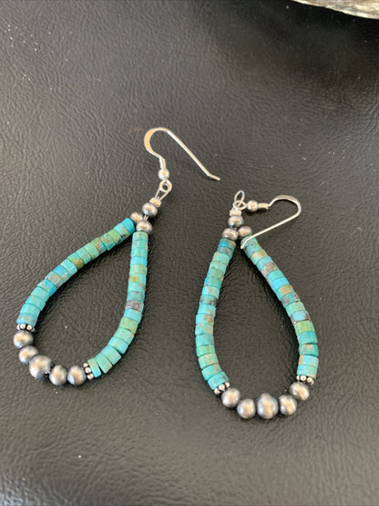Blue Turquoise Heishi Sterling Silver Navajo Beads Earrings 2" 13043