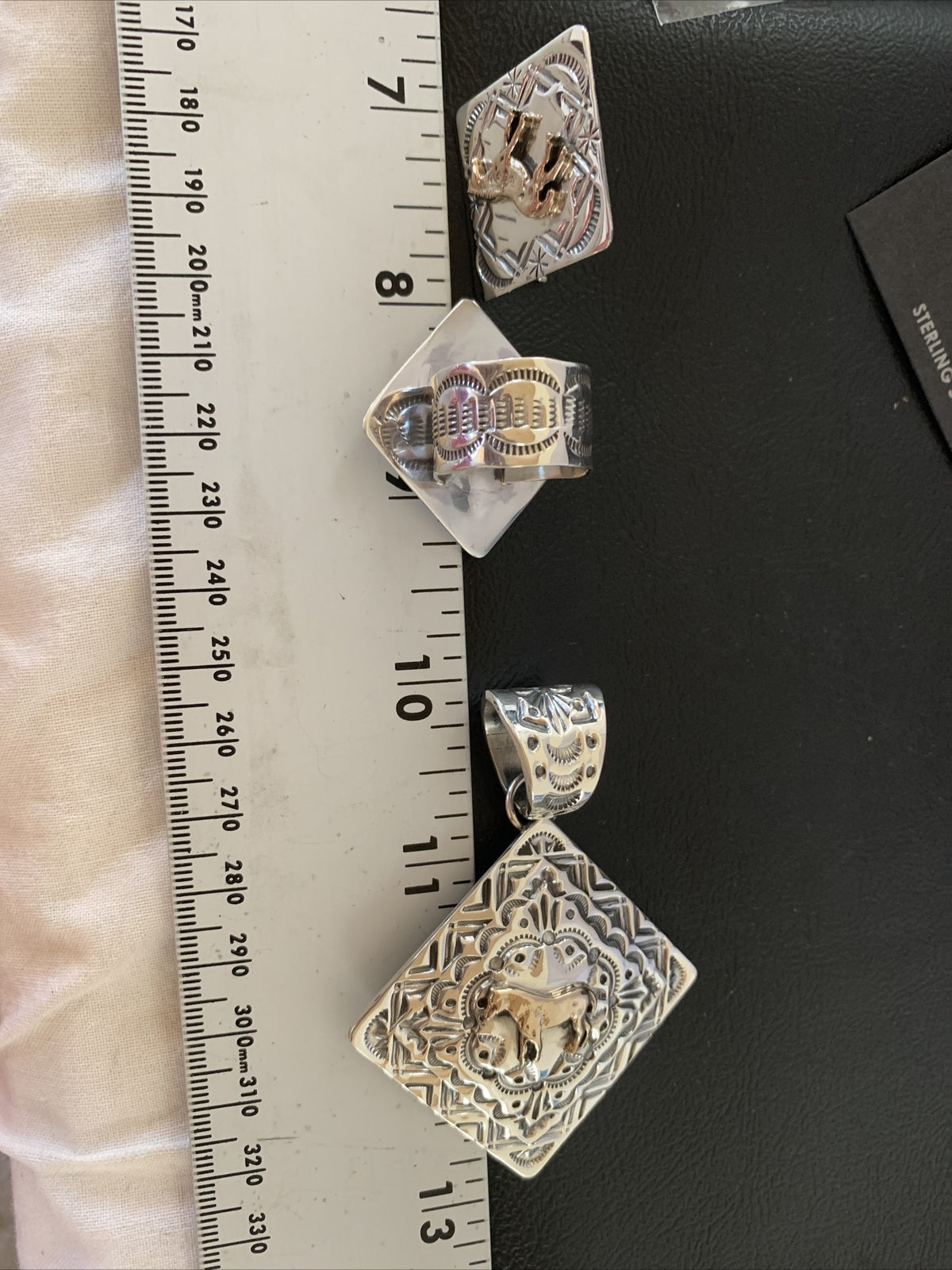 3 pc Set Brass Horse Navajo Sterling Silver Beads Pendant Earrings Ring 17979