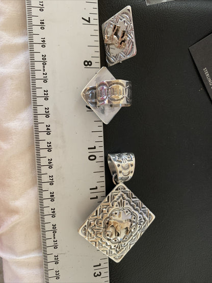 3 pc Set Brass Horse Navajo Sterling Silver Beads Pendant Earrings Ring 17979