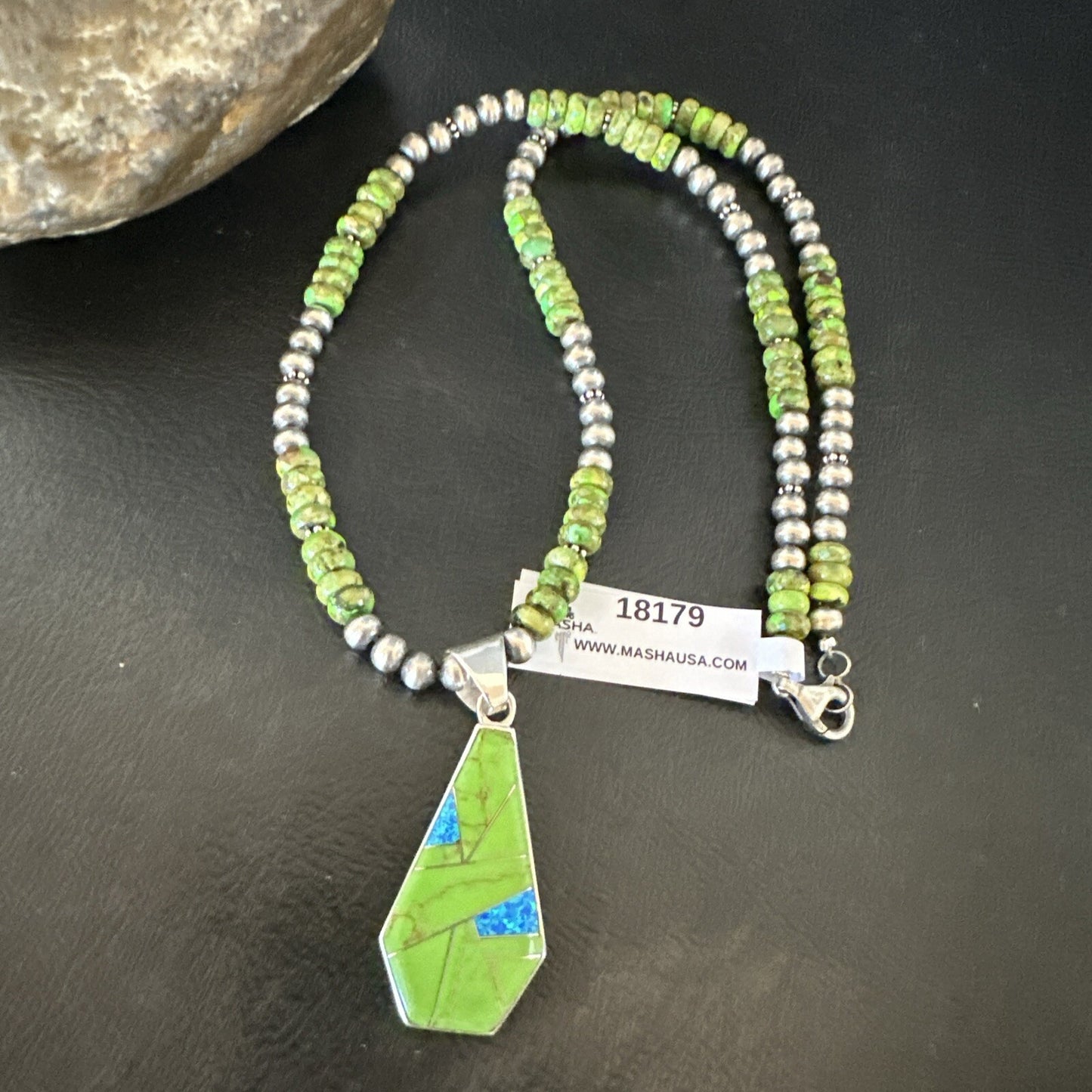 Green Gaspeite & Turquoise Pendant Navajo Pearls Sterling Silver Necklace 18179