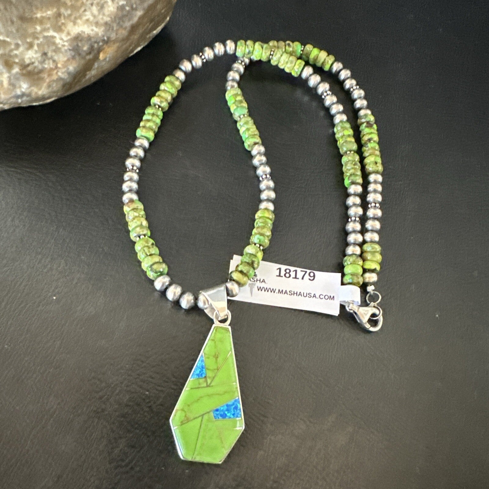 Green Gaspeite & Turquoise Pendant Navajo Pearls Sterling Silver Necklace 18179