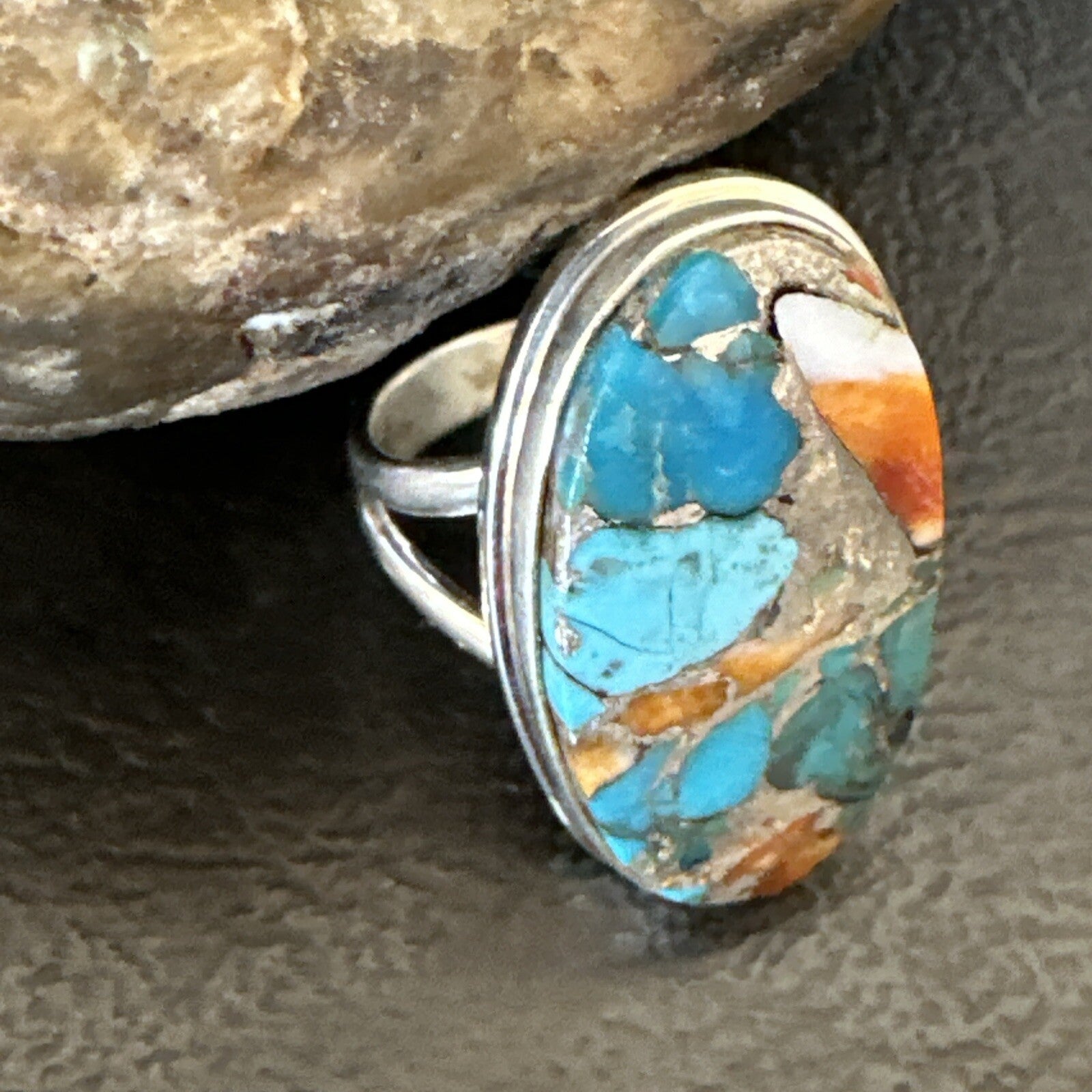 Blue Turquoise Spiny Oyster Southwestern Sterling Silver Ring Size 7 18444