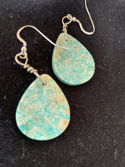 Navajo Sterling Silver Slab Turquoise Dangle Earrings 01357