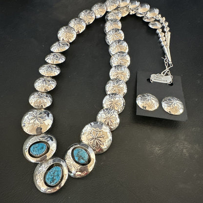 Kingman Turquoise Pillow Bead Navajo Sterling Silver Necklace Earrings 24" 17768