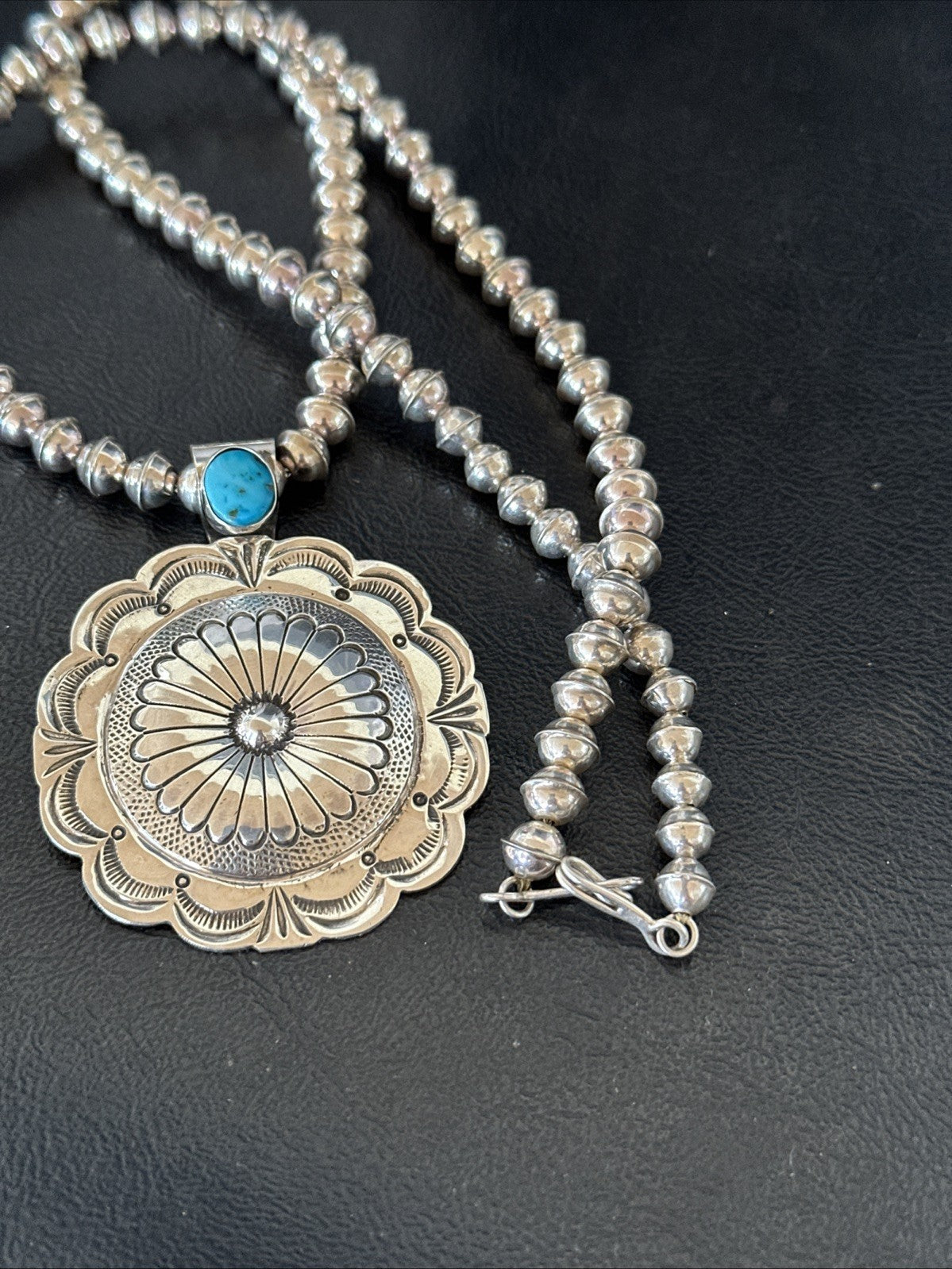 H Joe Navajo Sterling Silver Pendant Blue Kingman Turquoise Necklace 25”19443